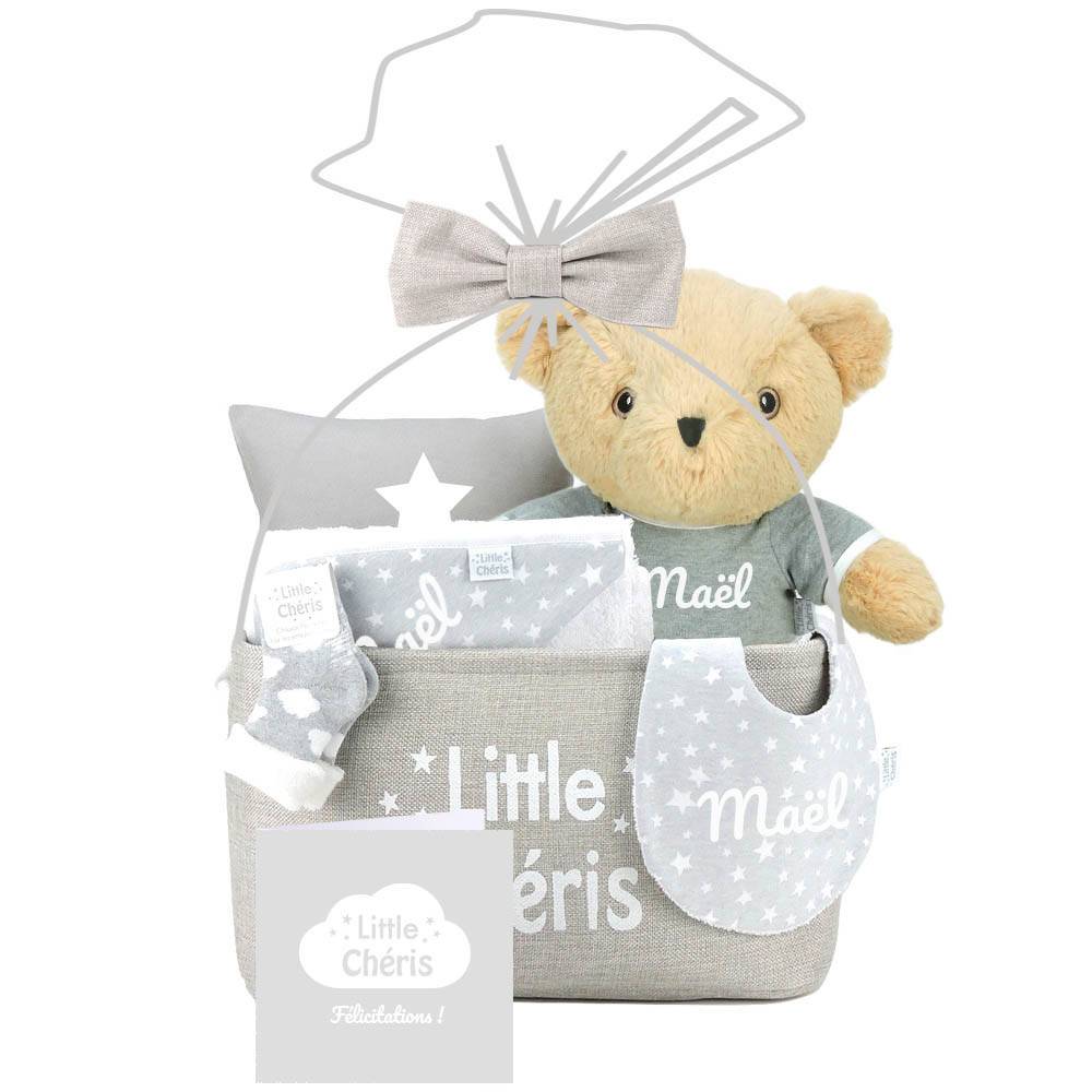 Coffret cadeau naissance Pois Gris - Personnalisable